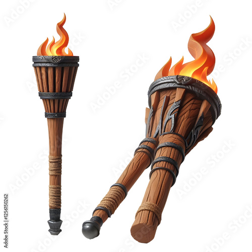 a 3D wooden torch fire medieval isolated on white background