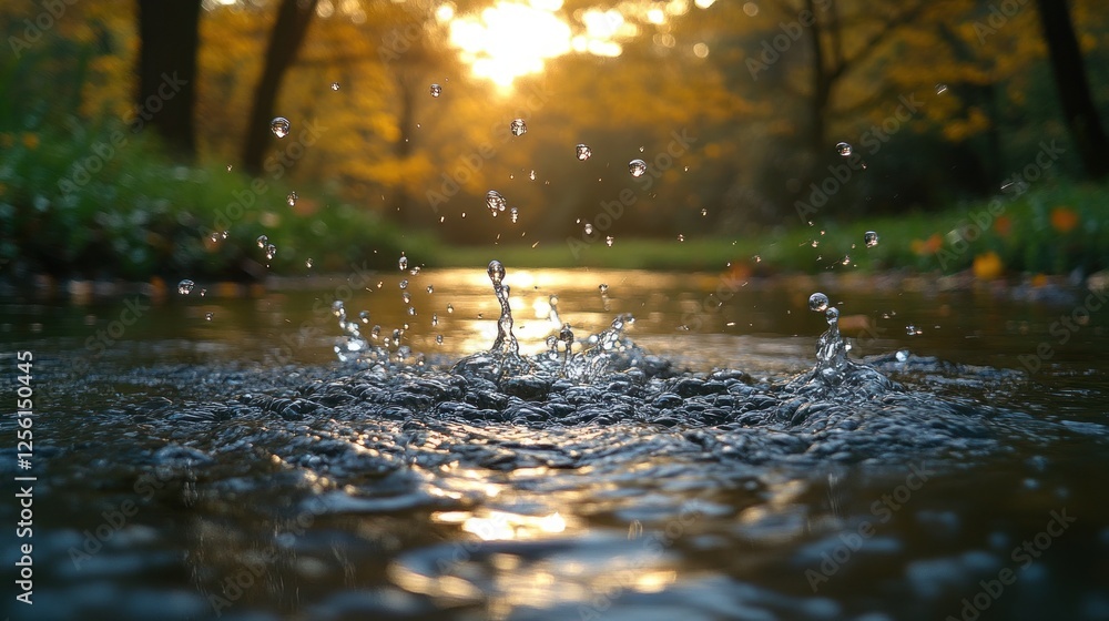 Fototapeta premium Water splashing in a creek at sunset in autumn.