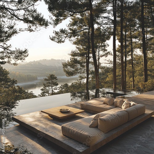 Forest infinity pool overlooking lake at sunrise with lounge seating