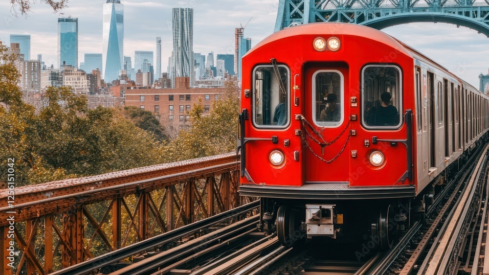 Naklejka premium Red subway train crossing a bridge with city skyline in background.