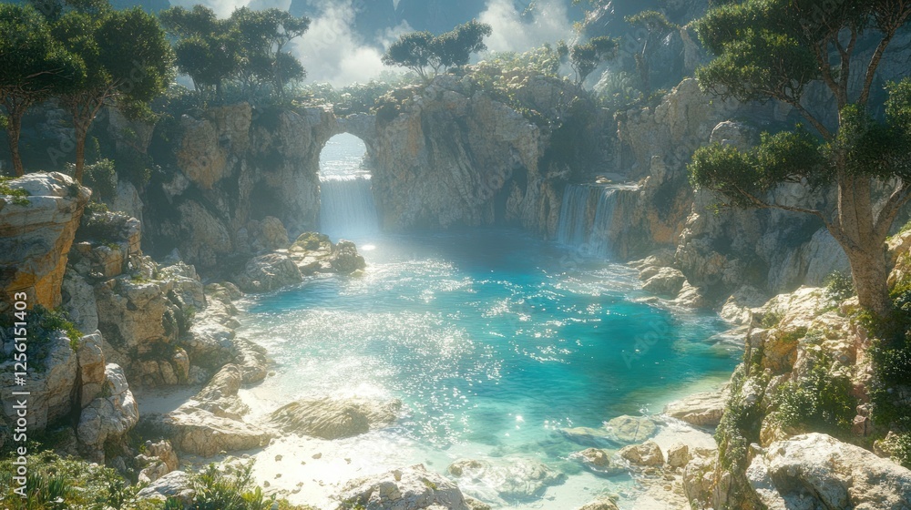 Secluded cove with turquoise water, waterfall, and natural stone arch.