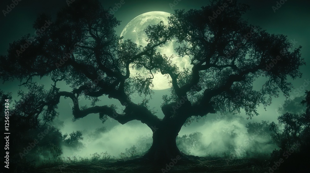 A large, silhouetted oak tree stands before a full moon in a misty, dark forest. A large, silhouetted oak tree stands before a full moon in a misty, dark forest.