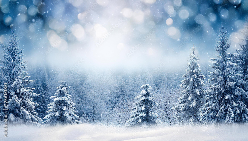 Fototapeta premium frosty winter landscape in snowy forest christmas background with fir trees and blurred background of winter
