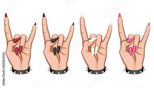 Female Hand in Rock Gesture illustration. Heavy Metal Sign. Female Hand with Beautiful Manicure and Rings.  Beauty Salon design concept HAND DRAWN vector art