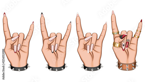 Female Hand in Rock Gesture illustration. Heavy Metal Sign. Female Hand with Beautiful Manicure and Rings.  Beauty Salon design concept HAND DRAWN vector art