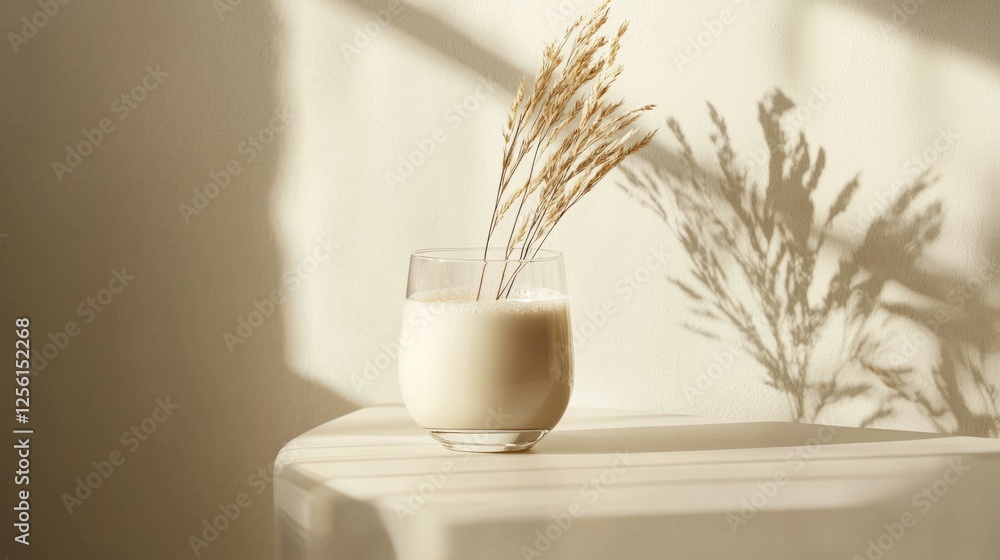 Glass of Milk With Dried Grass Against Soft Light Shadow Play Glass of Milk With Dried Grass Against Soft Light Shadow Play