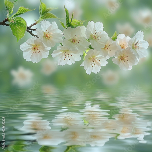 White flowers on branch reflected in tranquil water, spring scene