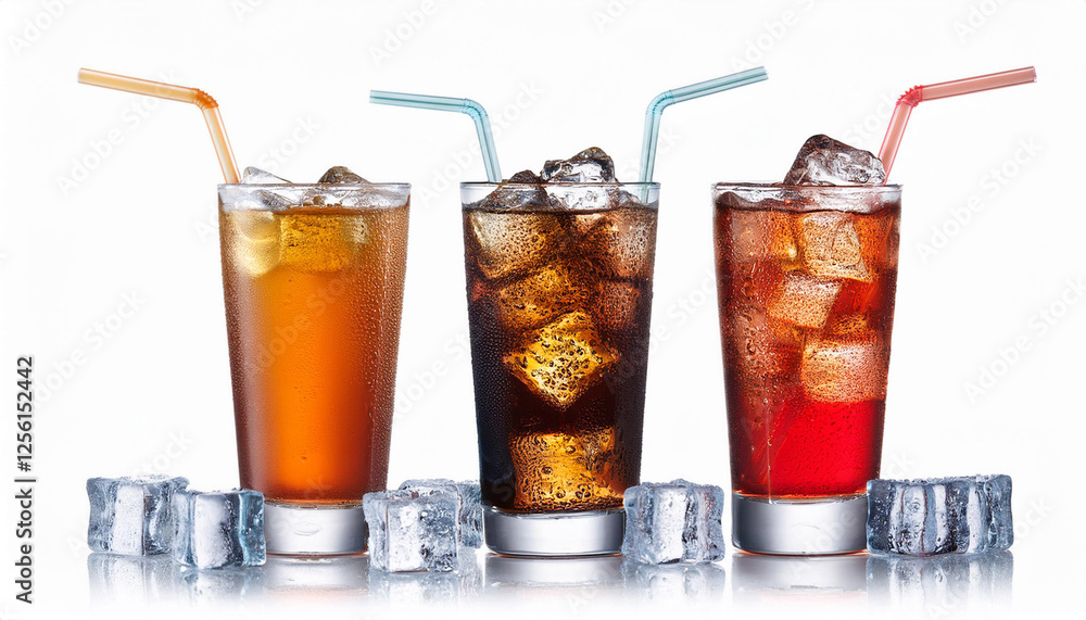 soft drinks with ice cubes isolated background