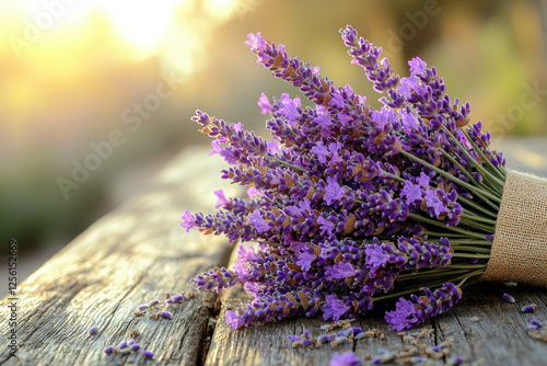 Lavender bouquet on rustic table at sunset