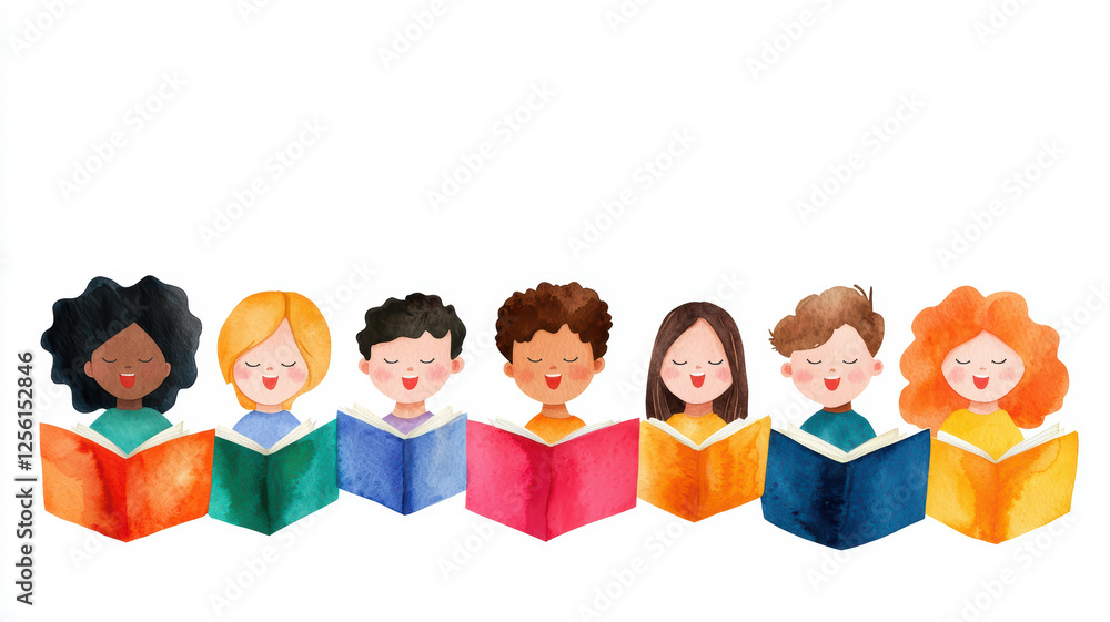 A colorful illustration of diverse children happily reading books together, showcasing joy and the love of learning. A colorful illustration of diverse children happily reading books together, showcasing joy and the love of learning.