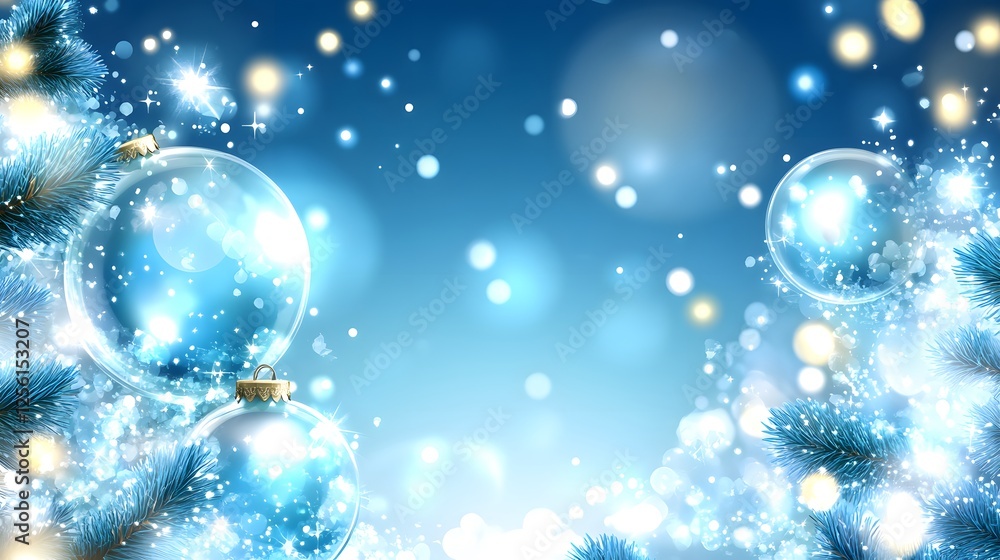 Christmas tree decorated with ornaments on a glittery ultramarine blue metallic background with snow Christmas tree decorated with ornaments on a glittery ultramarine blue metallic background with snow