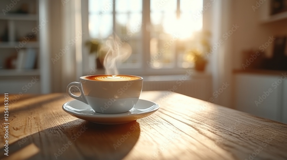 Steaming coffee cup on wooden table in sunlit room. Steaming coffee cup on wooden table in sunlit room.