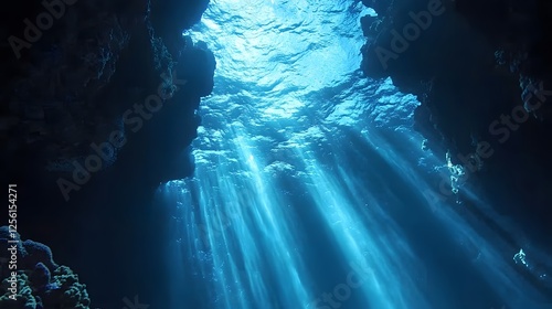 Fotografia Underwater cave with sunlight streaming through deep blue water in an illuminate