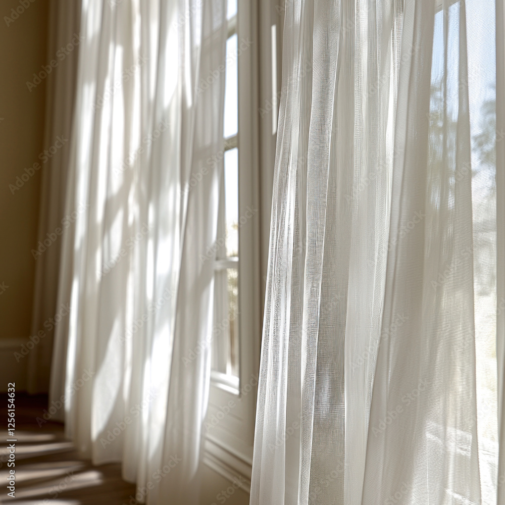 Sunlight through sheer curtains by window in home interior design Sunlight through sheer curtains by window in home interior design