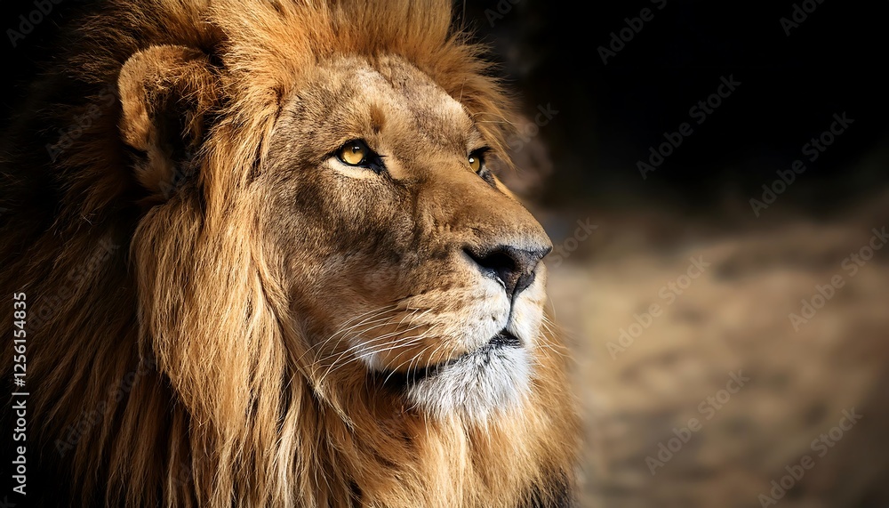 Majestic lion with golden mane, sunlit fur blowing in the wind, portrait of a king. Majestic lion with golden mane, sunlit fur blowing in the wind, portrait of a king.
