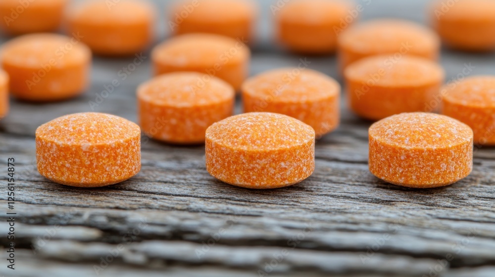 Close-up of scattered orange pills on rustic wood. Close-up of scattered orange pills on rustic wood.