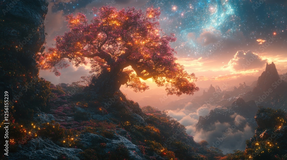 Glowing tree on mountaintop at sunset, fantastical landscape, starry sky. Glowing tree on mountaintop at sunset, fantastical landscape, starry sky.