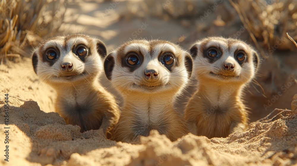 Fototapeta premium Three meerkat pups peering from sand burrow.