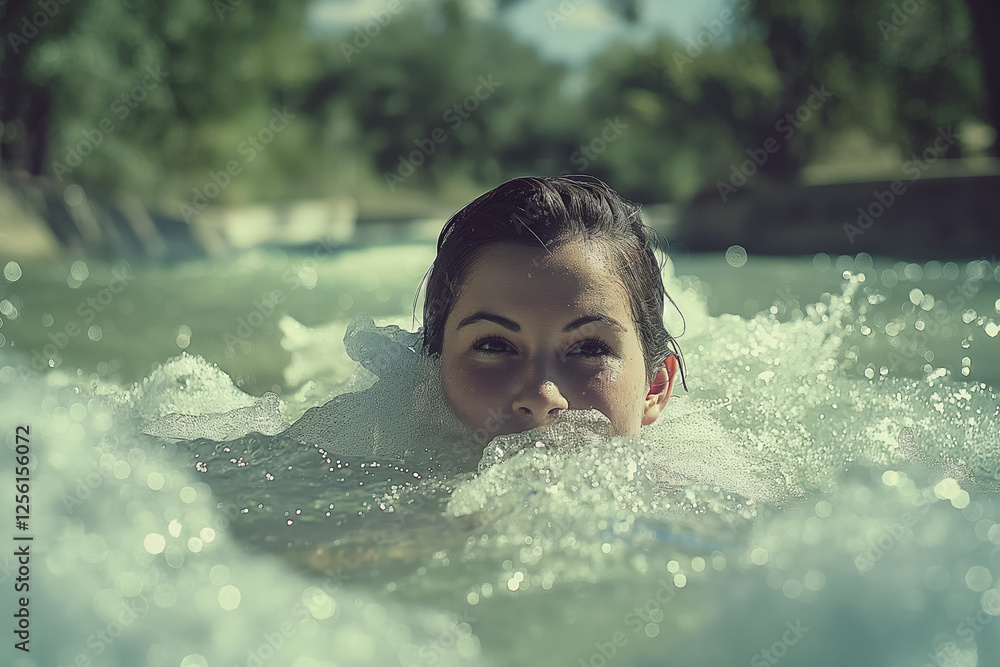 Obraz premium Young woman swimming in outdoor pool surrounded by bubbles and nature