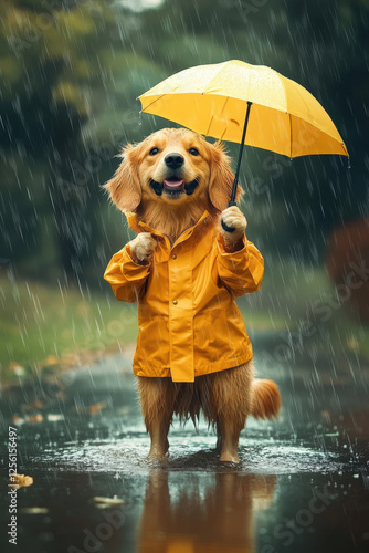 Hund mit Regenschirm und Regenmantel steht in einer Pfütze während es regnet photo