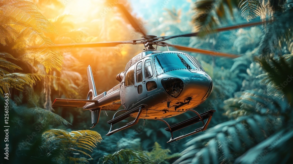 Naklejka premium Silver helicopter flying low over lush green jungle foliage at sunset.