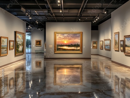 Art Gallery Interior with Sunset Landscape Paintings photo