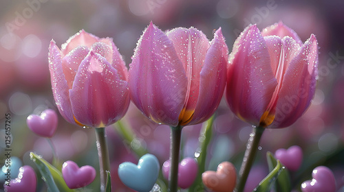Three pink tulips with water drops and colorful hearts in a garden