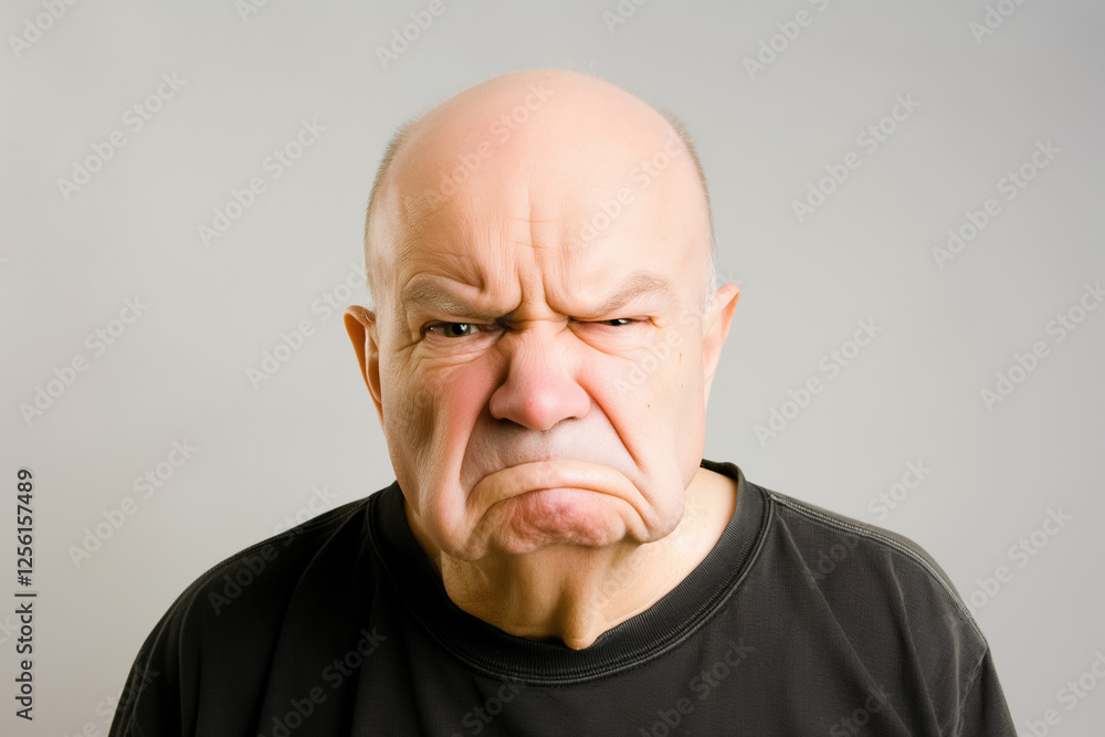 Obraz premium Elderly man with bald head showing displeased facial expression