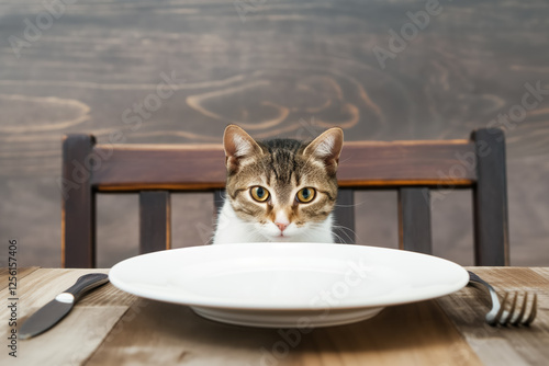 Curious cat sitting at a dining table with empty plate and cutlery photo