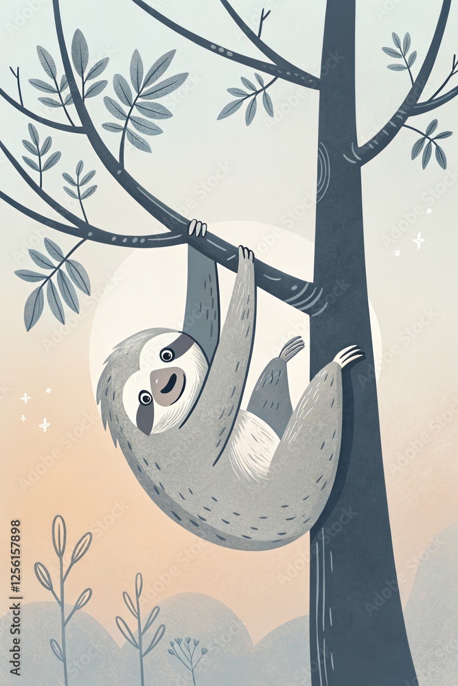 Naklejka premium Sleepy Sloth at Dusk: An adorable sloth hangs upside down from a tree branch, silhouetted against a dreamy sunset sky, stars twinkling. A charming illustration perfect for children's books, cards.