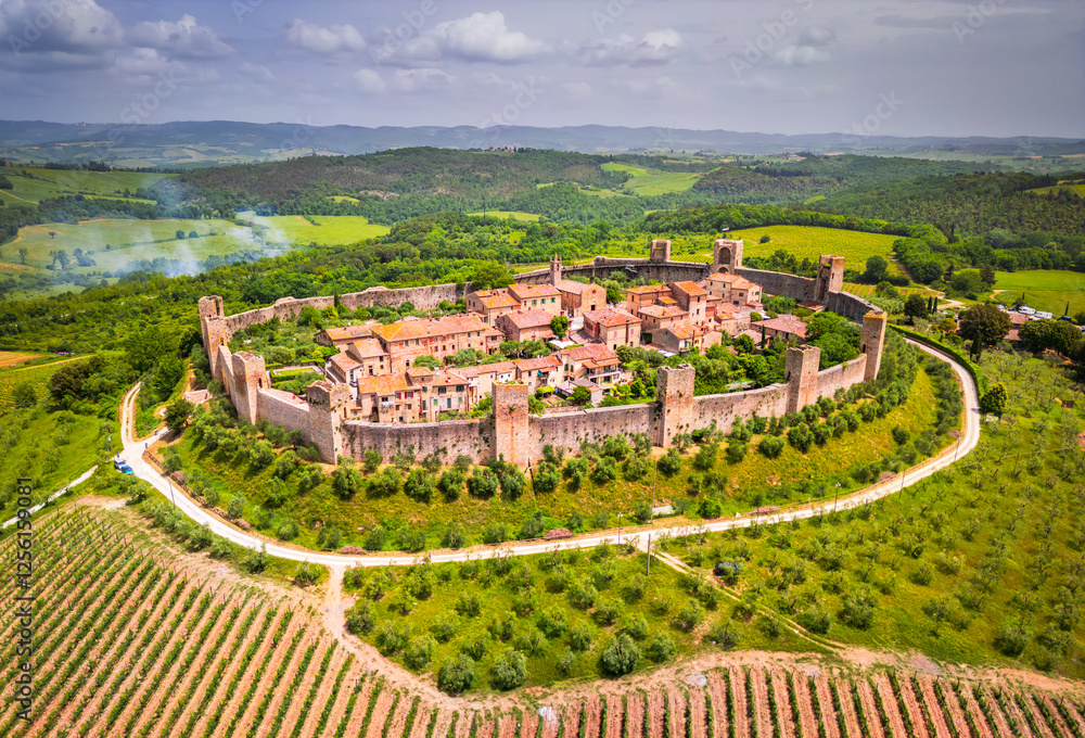 Monteriggioni, Italy. Tuscany scenic landscape with ancient walled city.