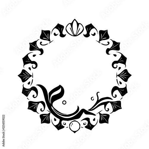 A decorative circular frame, composed of black elements, is placed in a white background.