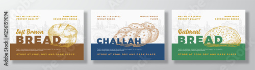 Bread Vector Packaging Design Label Backgrounds Set. Bakery Food Product Banner, Hand Drawn Brick Loaf, Challah, Oatmeal Sketch Silhouette Color Paper Banner Layouts Isolated