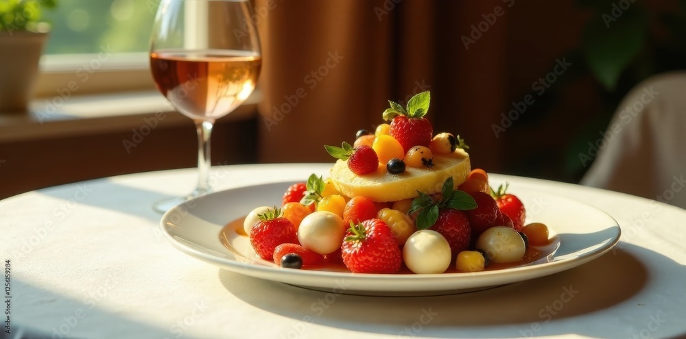 Sunlit summer fruit salad with cheese balls, served on a plate beside a glass of ros? Sunlit summer fruit salad with cheese balls, served on a plate beside a glass of ros?