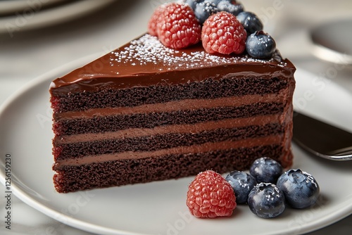  Decadent chocolate cake topped with glossy ganache and fresh berries. A thick, velvety layer of chocolate glaze drips over the edges of the moist cake. photo