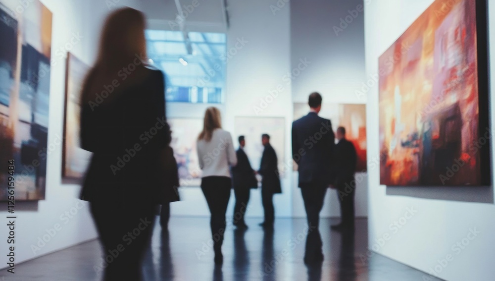Fototapeta premium Blurred Figures in Art Gallery: An Impression of Abstract Paintings and Contemplation