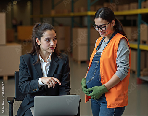 A pregnant warehouse worker stands next to her boss