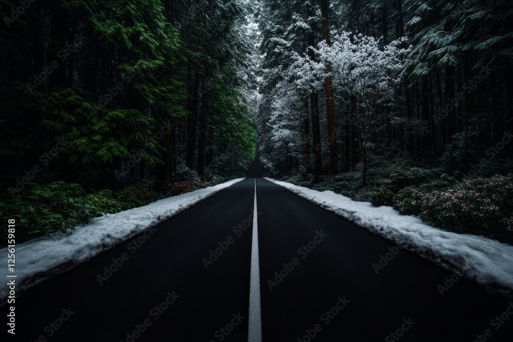 Obraz premium Winter meets spring on a road through a vibrant seasonal transition. Generative AI