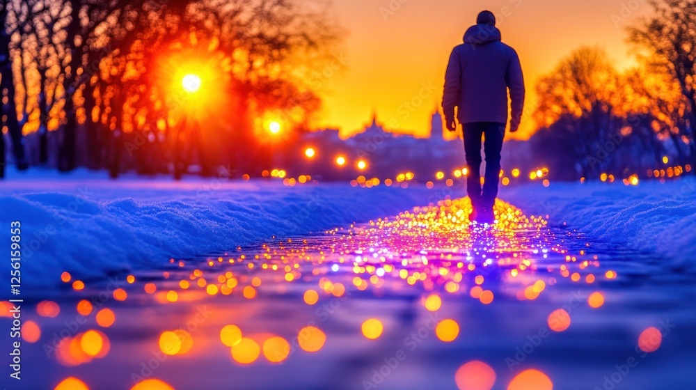 Man walking on snowy path at sunset, illuminated by colorful lights. Man walking on snowy path at sunset, illuminated by colorful lights.