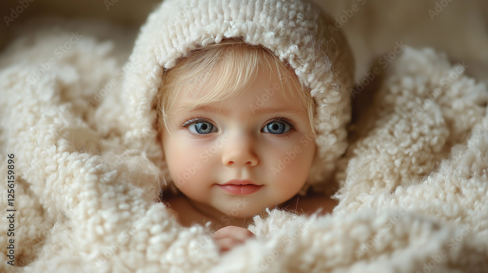 Cherubic baby wrapped in soft cream fabric exudes warmth and innocence in a serene indoor setting Cherubic baby wrapped in soft cream fabric exudes warmth and innocence in a serene indoor setting