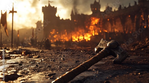Axe on Battlefield: Medieval Siege and War Scene