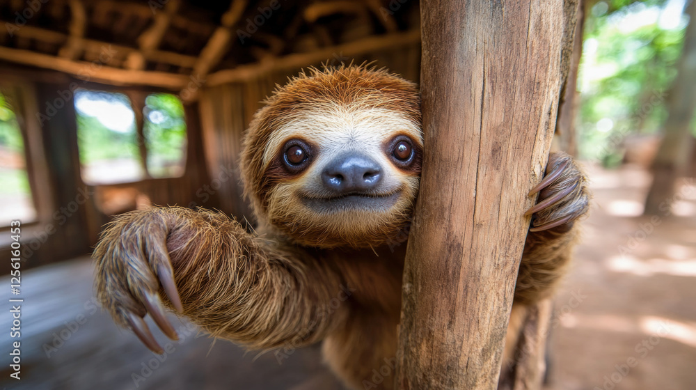 Fototapeta premium Happy sloth, A playful sloth reaching out toward the camera in a high-fidelity image.