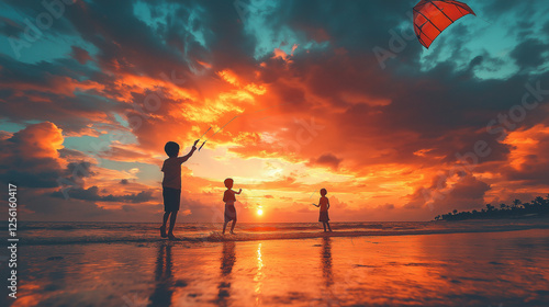 Children joyfully flying a vibrant kite at sunset on the beach as waves gently lap at their feet