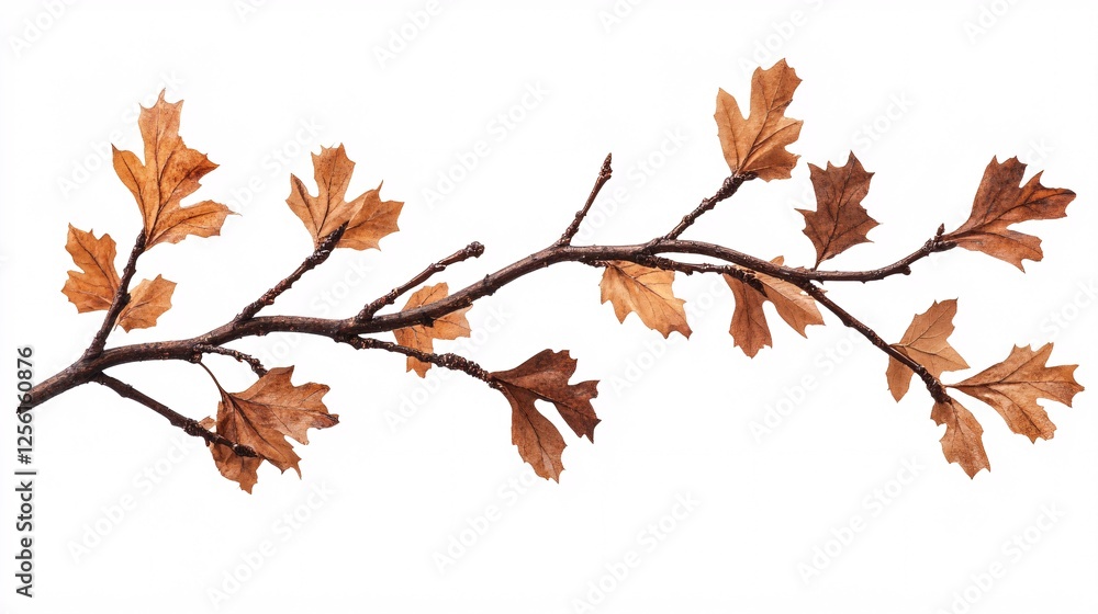 A delicate branch with dried oak leaves against a white background, showcasing intricate details and autumn hues. A delicate branch with dried oak leaves against a white background, showcasing intricate details and autumn hues.