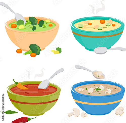 Bowls of different types of soup. Soup with vegetables, mushrooms, chicken and hot chili soup. Vector illustration set