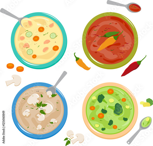 Soup with vegetables, mushrooms, chicken and hot chili soup. Top view of dishes of different types of soup. Vector illustration set