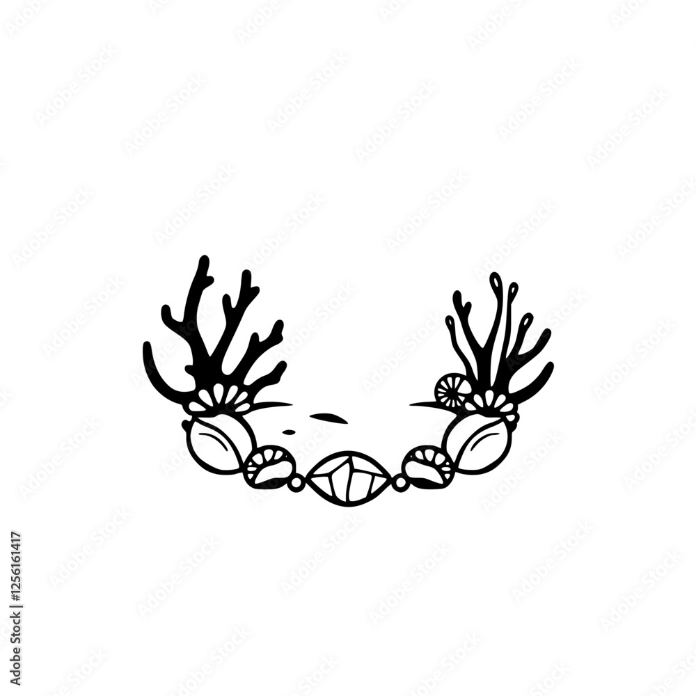 Fototapeta premium Delicate black line art depiction of a sea-themed headdress, coral antlers and shells.