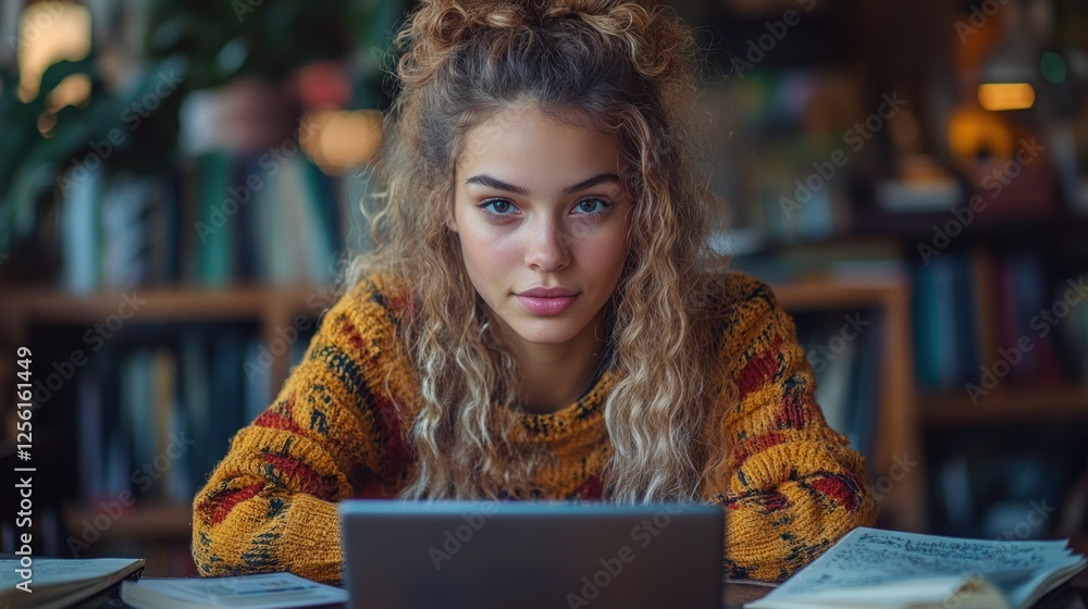 Young woman studying in library, using tablet. Young woman studying in library, using tablet.