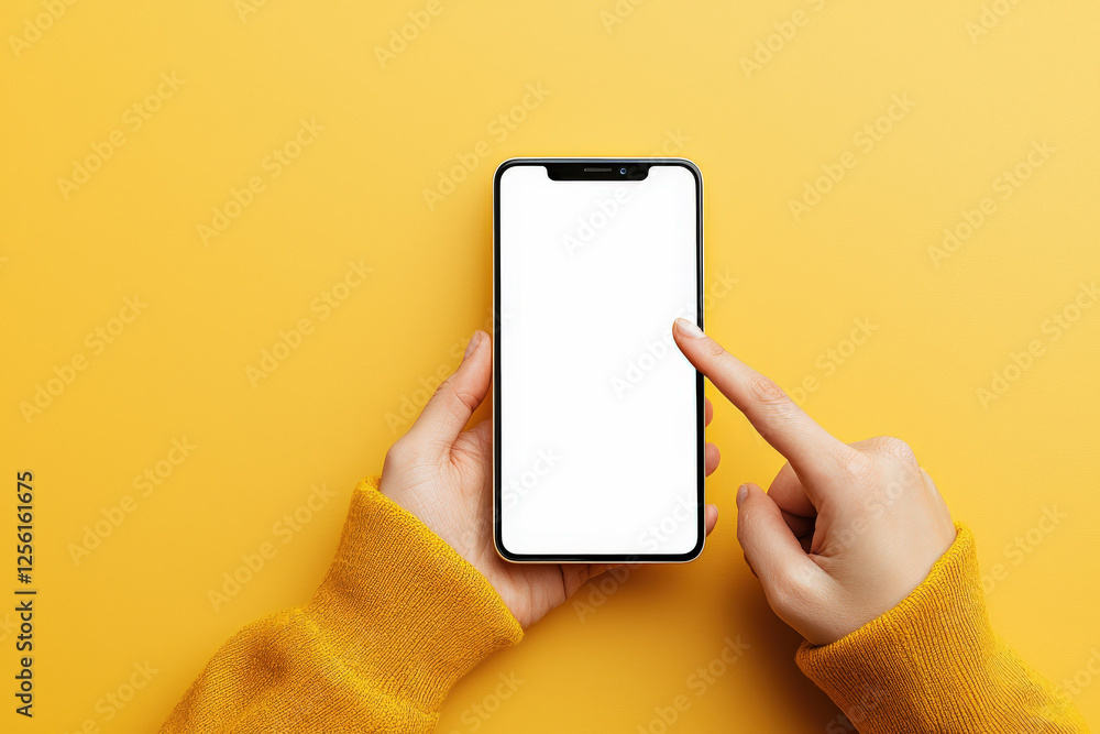 © Helena GARCIA - Fondo amarillo visto desde arriba con manos y ersey de mujer sosteniendo un telefono movil con la pantalla vcia en color blanco © Helena GARCIA - Fondo amarillo visto desde arriba con manos y ersey de mujer sosteniendo un telefono movil con la pantalla vcia en color blanco