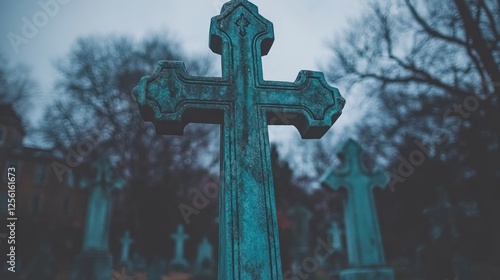 Weathered stone cross in a cemetery on an overcast day.